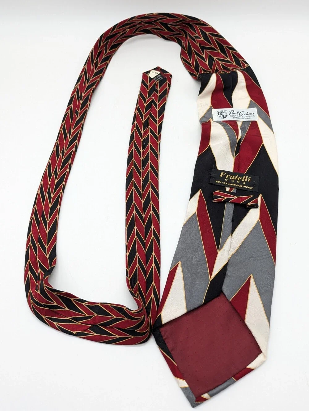 Vintage Paul Cicchini Fratelli Black Red Grey Geometric Silk Tie